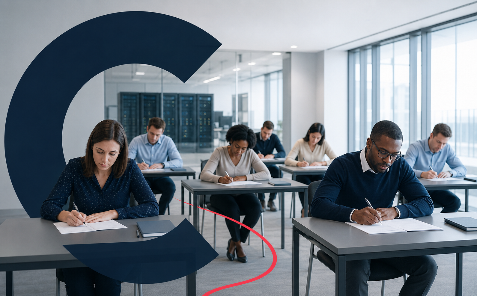 Adult project professionals completing a timed examination in a professional training room